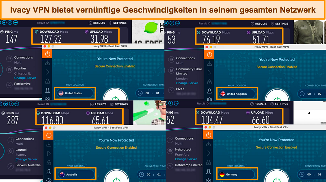 Screenshots von Ookla-Geschwindigkeitstests mit Ivacy VPN, das mit Servern in den USA, Großbritannien, Australien und Deutschland verbunden ist.