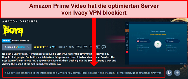 Screenshot von Amazon Prime Video, der zeigt, dass Amazon bei Verwendung von Ivacy VPN eine VPN-Verbindung erkennen konnte.