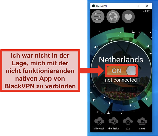 Screenshot des Windows-Clients von BlackVPN, der trotz Aktivierung keine Verbindung herstellt