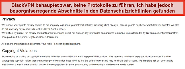 Screenshot der Abschnitte zu Datenschutz- und Urheberrechtsverletzungen in den BlackVPN-Nutzungsbedingungen