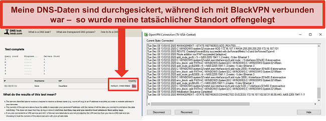 Screenshot eines fehlgeschlagenen DNS-Lecktests, während BlackVPN mit einem Server in den USA verbunden ist