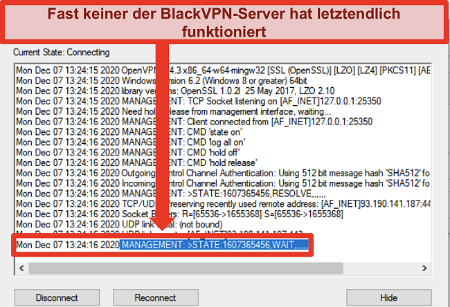 Screenshot von BlackVPN, das versucht, über den OpenVPN-Client eine Verbindung zu einem Server herzustellen