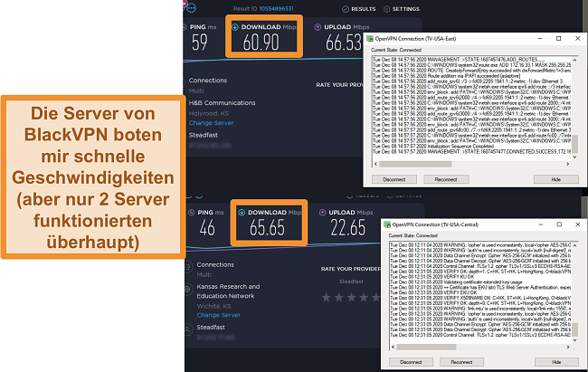 Screenshot von 2 Geschwindigkeitstests bei Verbindung mit BlackVPN-Servern in den USA