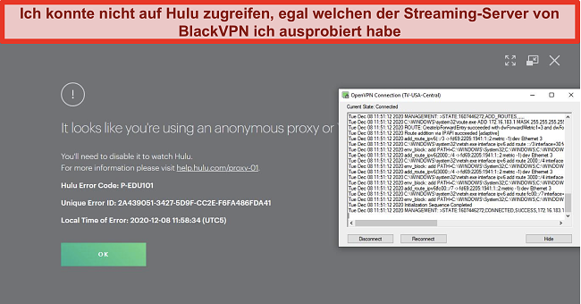 Screenshot des Proxy-IP-Fehlers von Hulu, während BlackVPN über OpenVPN verbunden ist