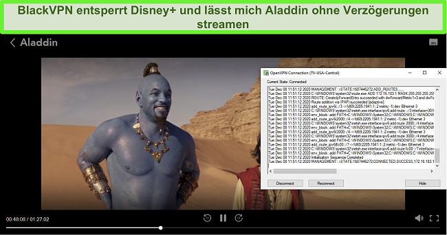 Screenshot von Aladdin auf Disney +, während BlackVPN über den OpenVPN-Client mit dem US Central-Streaming-Server verbunden ist