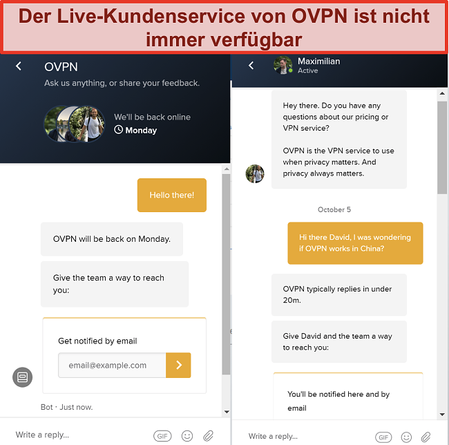 Screenshot der eingeschränkten Live-Chat-Unterstützung für OVPN