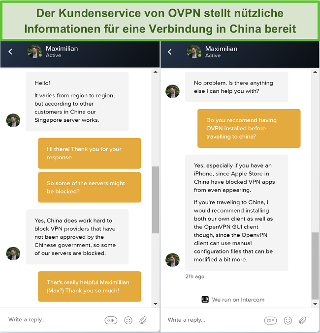 Screenshot des Live-Chats mit OVPN darüber, ob Server in China funktionieren