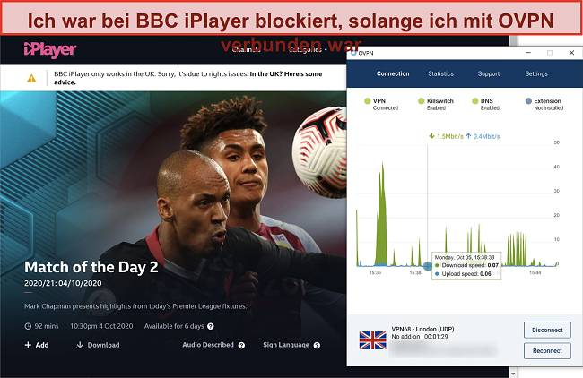 Screenshot von OVPN, das vom BBC iPlayer blockiert wird