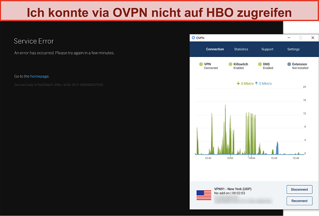 Screenshot von OVPN, das von HBO blockiert wird