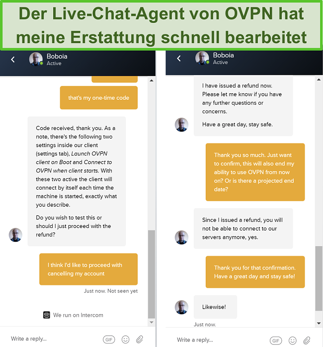 Screenshot einer erfolgreichen Rückerstattungsanfrage über den Live-Chat von OVPN