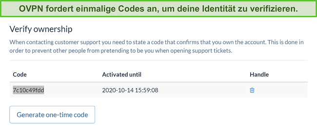 Screenshot des einmaligen Codes von OVPN zur Überprüfung der Identität während des Kündigungsprozesses des Abonnements