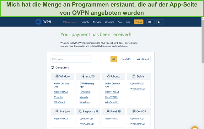 Screenshot der App-Optionen von OVPN