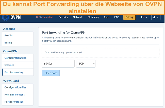 Screenshot der Portweiterleitungsoption auf OVPN