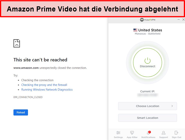 Screenshot von Amazon Prime Video, das die HideIPVPN-Verbindung ablehnt.