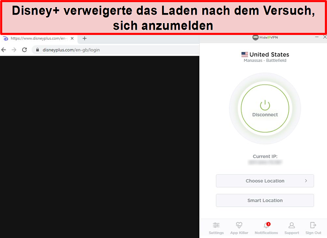 Screenshot von HideIPVPN, das nicht auf Disney + zugreifen kann.