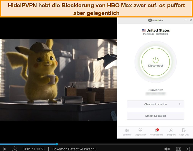 Screenshot von HideIPVPN, das HBO Max entsperrt und Pokemon Detective Pikachu streamt.