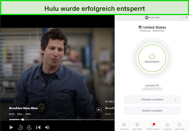 Screenshot von HideIPVPN, das Hulu entsperrt und Brooklyn Nine-Nine streamt.