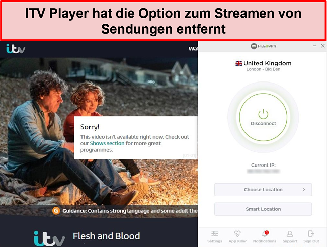 Screenshot von ITV Player, in dem die Option zum Streamen entfernt wurde, wird auf der HideIPVPN-Verbindung angezeigt. Stattdessen heißt es, dass das Video derzeit nicht zum Abspielen verfügbar ist.