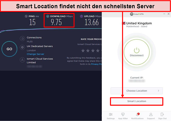 Screenshot des Geschwindigkeitstests mit Smart Location.