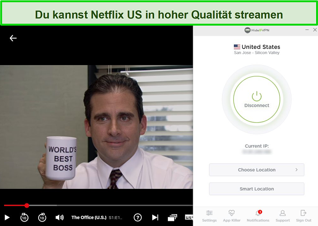 Screenshot von HideIPVPN, das US Netflix entsperrt und The Office (USA) streamt.