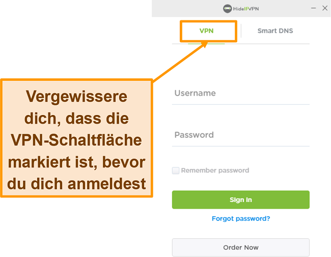 Screenshot des HideIPVPN-Anmeldebildschirms für den Desktop.