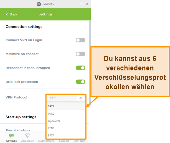 Screenshot der HideIPVPN-Verschlüsselungsprotokolle.