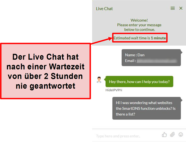 Screenshot des HideIPVPN-Live-Chats, der nicht antwortet.