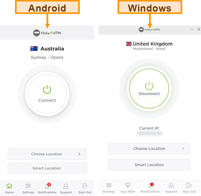 Screenshot der Desktop- und Mobilanwendungen von HideIPVPN.