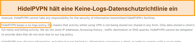 Screenshot der No-Log-Richtlinie von HideIPVPN.