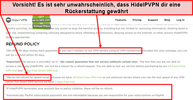 Screenshot der Rückerstattungsrichtlinie von HidelVPN