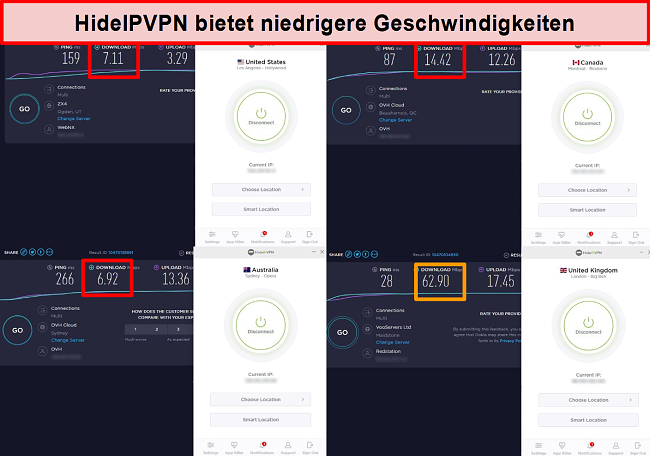 Screenshot von HideIPVPN-Geschwindigkeitstests an 4 Serverstandorten.