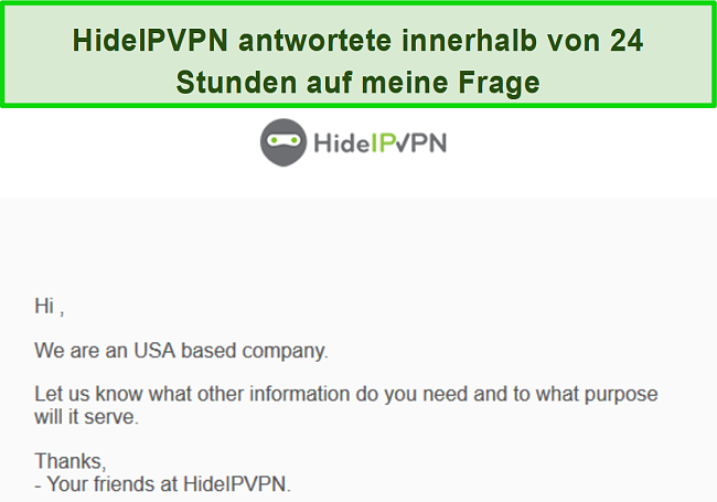 Screenshot der E-Mail-Unterstützung von HideIPVPN.