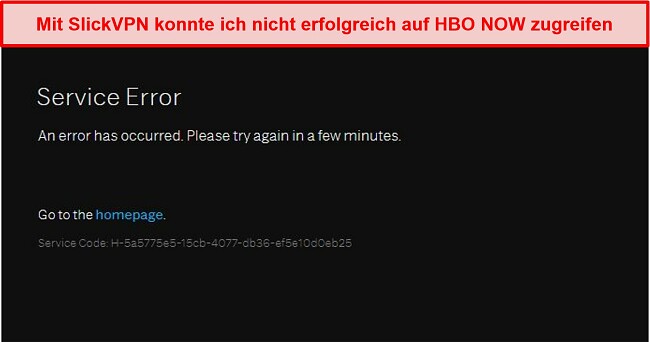 Screenshot von SlickVPN, der JETZT von HBO blockiert wird