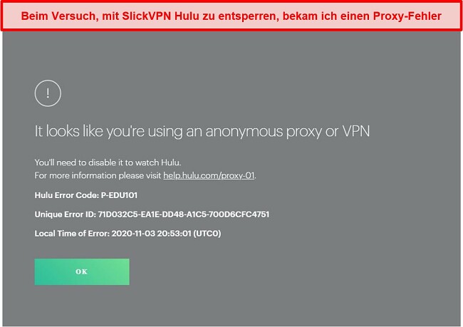 Screenshot von SlickVPN, der von Hulu blockiert wird