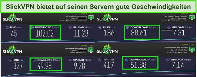 Screenshot von 4 verschiedenen Geschwindigkeitstests bei Verbindung mit SlickVPN-Servern