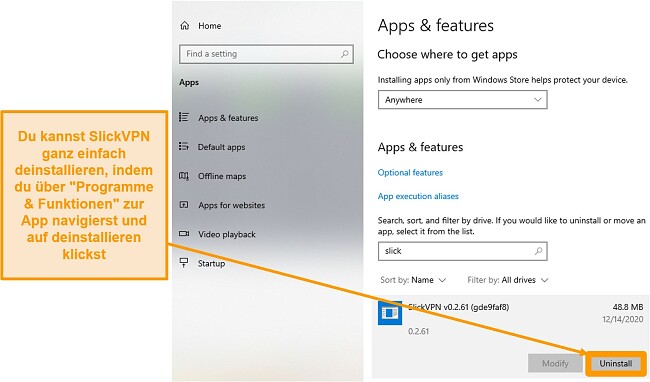 Screenshot, der zeigt, wie Sie SlickVPN über das Menü Apps & Features deinstallieren.