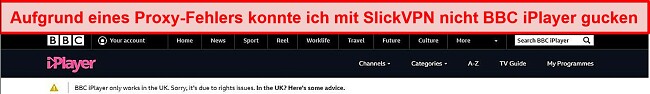 Screenshot von SlickVPN, der vom BBC iPlayer blockiert wird