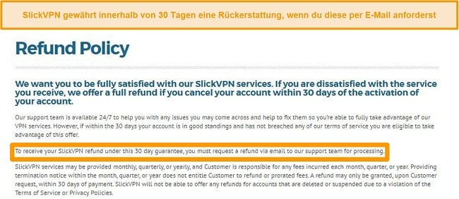 Screenshot der Rückerstattungsrichtlinie von SlickVPN