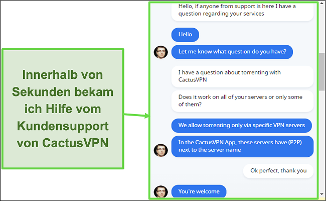 Screenshot zeigt, dass der Kundensupport schnell und hilfreich ist