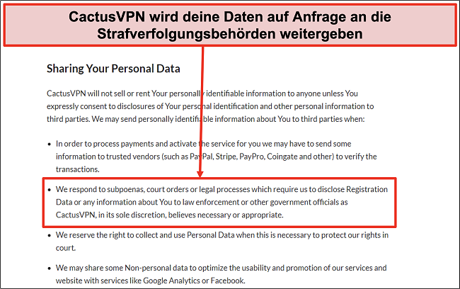 Screenshot der Datenschutzrichtlinie von CactusVPN, aus der hervorgeht, dass Ihre Daten weitergegeben werden