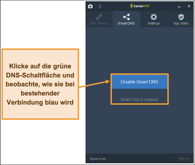 Screenshot der CactusVPN-Oberfläche, der zeigt, wie das intelligente DNS aktiviert wird