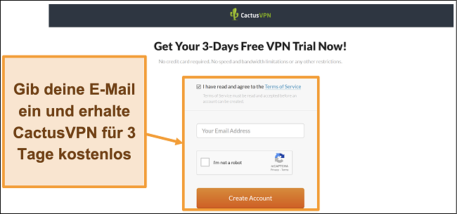Screenshot, der zeigt, wie Sie sich für die kostenlose Testversion von CactusVPN anmelden
