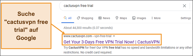 Screenshot zeigt, wie Sie die kostenlose Testversion von CactusVPN bei Google finden