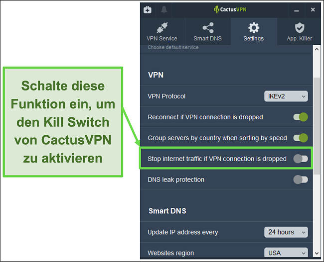 Screenshot, der zeigt, wie der Kill-Schalter von CactusVPN manuell aktiviert wird