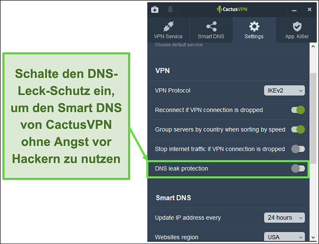 Screenshot, der zeigt, wie der DNS-Leckschutz aktiviert wird