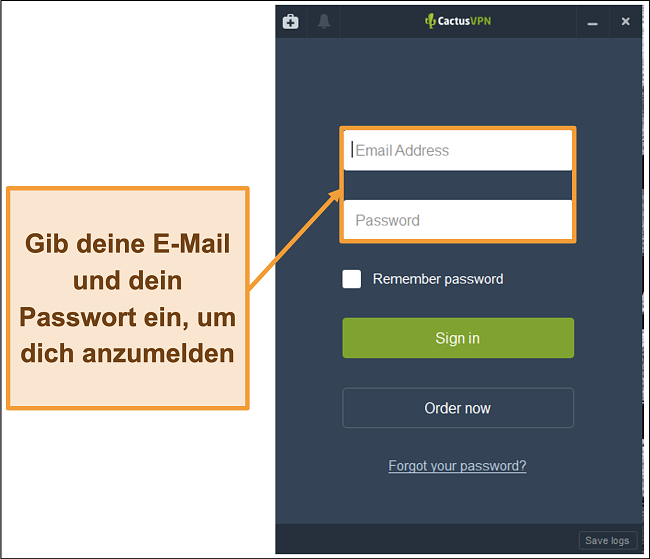 Screenshot mit dem Anmeldebildschirm auf dem CactusVPN-Client