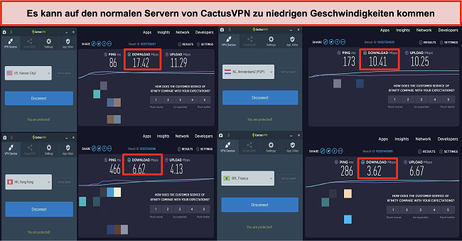 Screenshot der langsamen Geschwindigkeit auf den normalen Servern von CactusVPN