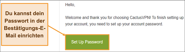 Screenshot mit einer Bestätigungs-E-Mail von CactusVPN, um ein Passwort für Ihr Konto zu erstellen