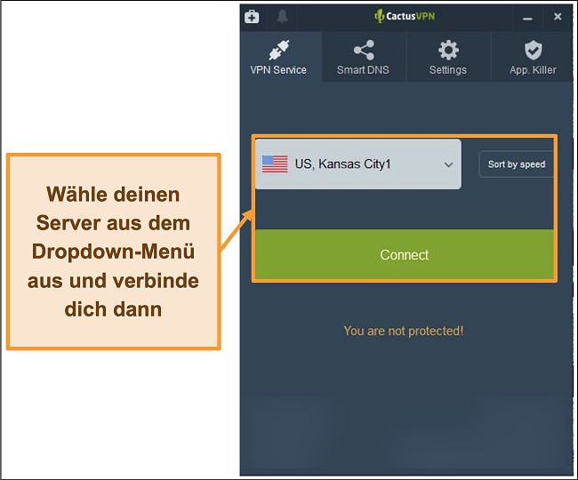 Screenshot der CactusVPN-Oberfläche mit Dropdown-Menü zur Serverauswahl