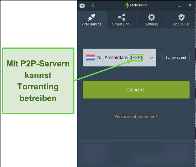 Screenshot zeigt, welche Server Torrenting-fähig sind